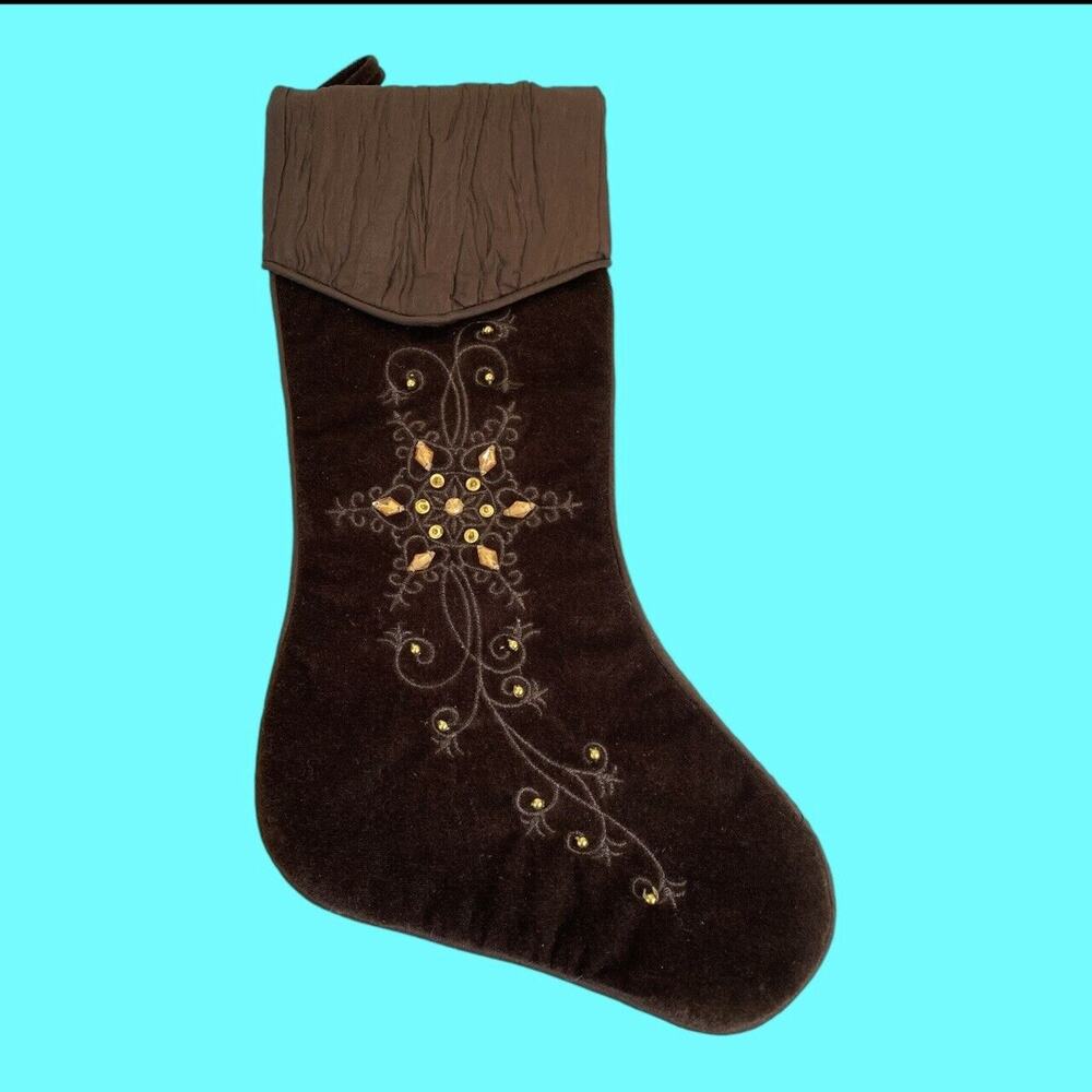 Dyno Seasonal Solutions Christmas Stocking Brown Velvet Gold Rhinestone 19”